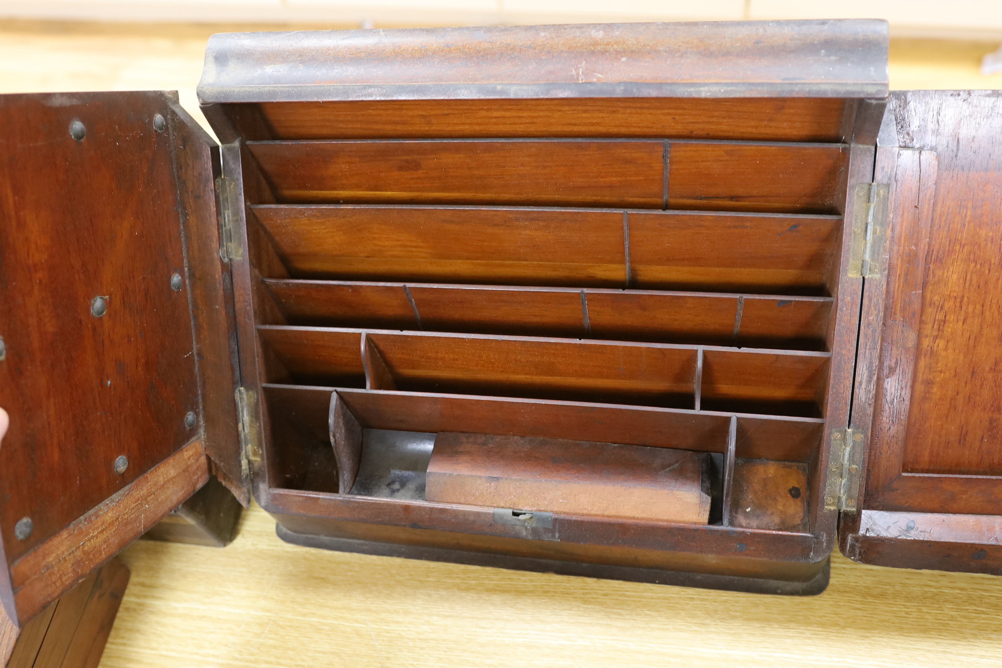 Two 19th century brass mounted writing slopes, a stationery cabinet and a work box